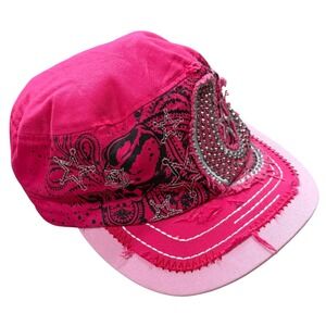 Y2K Gyaru Hot Pink Cadet Hat Studded Rhinestone Distressed Y2K Military Cap Star